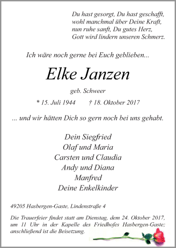 Traueranzeige von Elke Janzen von Neue Osnabrücker Zeitung GmbH & Co. KG