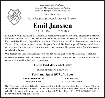 Traueranzeige von Emil Janssen von Neue Osnabrücker Zeitung GmbH & Co. KG