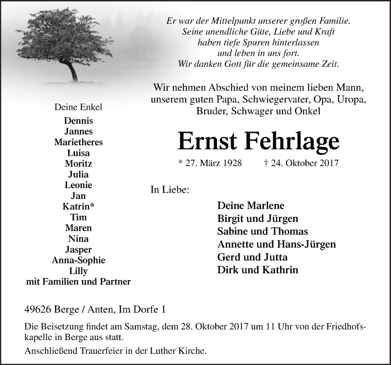  Traueranzeige für Ernst Fehrlage vom 26.10.2017 aus Neue Osnabrücker Zeitung GmbH & Co. KG