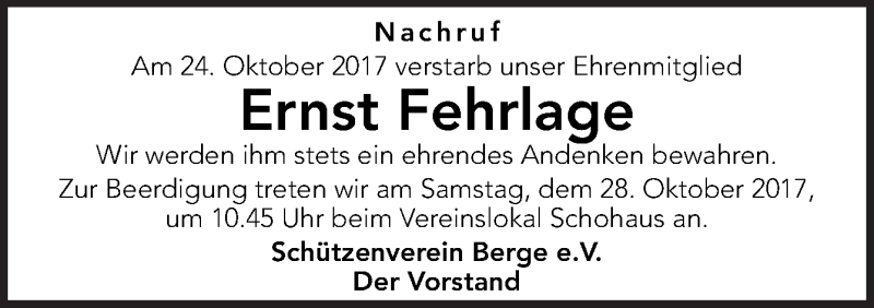  Traueranzeige für Ernst Fehrlage vom 27.10.2017 aus Neue Osnabrücker Zeitung GmbH & Co. KG