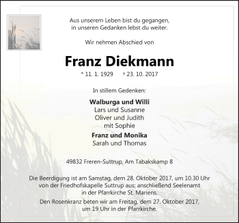 Traueranzeige von Franz Diekmann von Neue Osnabrücker Zeitung GmbH & Co. KG