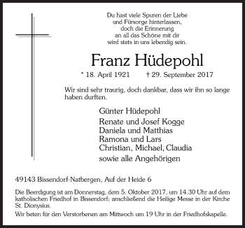 Traueranzeige von Franz Hüdepohl von Neue Osnabrücker Zeitung GmbH & Co. KG