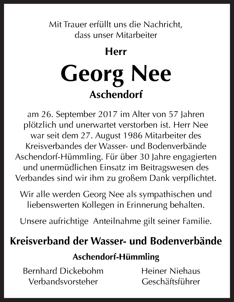  Traueranzeige für Georg Nee vom 06.10.2017 aus Neue Osnabrücker Zeitung GmbH & Co. KG
