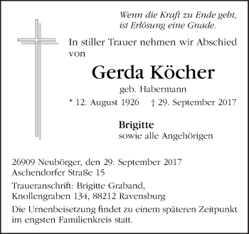 Traueranzeige von Gerda Köcher von Neue Osnabrücker Zeitung GmbH & Co. KG