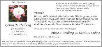 Traueranzeige von Gerda Mittelberg von Neue Osnabrücker Zeitung GmbH & Co. KG