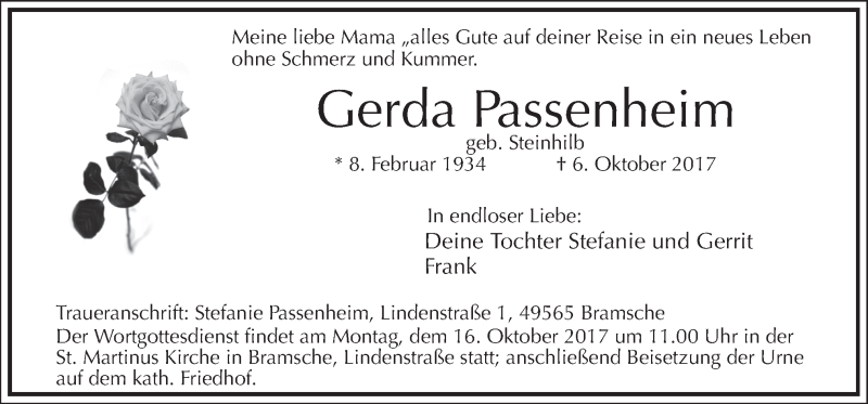  Traueranzeige für Gerda Passenheim vom 11.10.2017 aus Neue Osnabrücker Zeitung GmbH & Co. KG