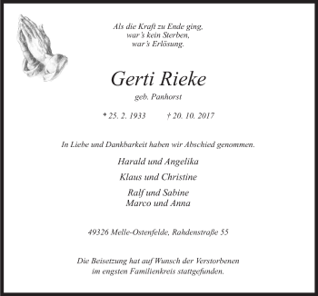 Traueranzeige von Gerti Rieke von Neue Osnabrücker Zeitung GmbH & Co. KG