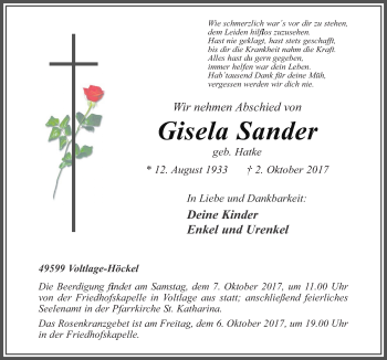 Traueranzeige von Gisela Sander von Neue Osnabrücker Zeitung GmbH & Co. KG