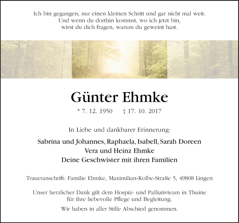  Traueranzeige für Günter Ehmke vom 25.10.2017 aus Neue Osnabrücker Zeitung GmbH & Co. KG