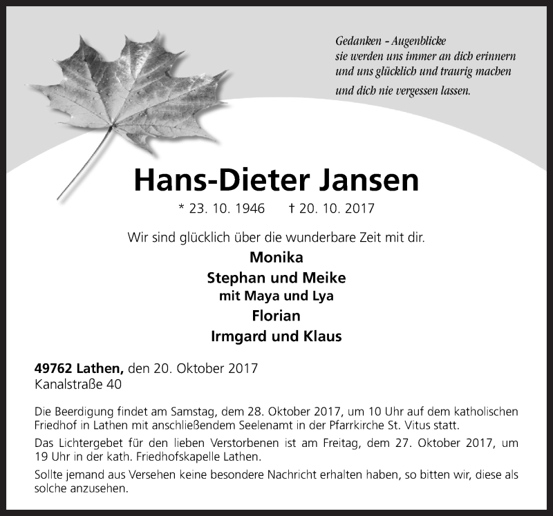 Traueranzeige für Hans-Dieter Jansen vom 23.10.2017 aus Neue Osnabrücker Zeitung GmbH & Co. KG