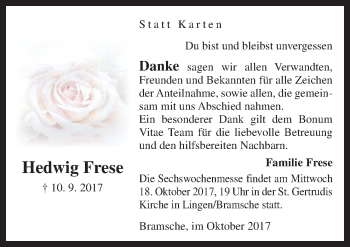 Traueranzeige von Hedwig Frese von Neue Osnabrücker Zeitung GmbH & Co. KG
