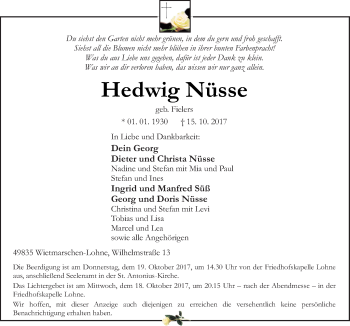 Traueranzeige von Hedwig Nüsse von Neue Osnabrücker Zeitung GmbH & Co. KG