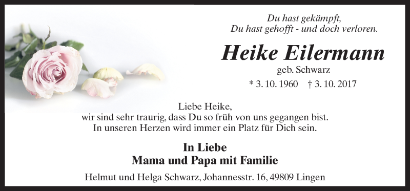  Traueranzeige für Heike Eilermann vom 11.10.2017 aus Neue Osnabrücker Zeitung GmbH & Co. KG
