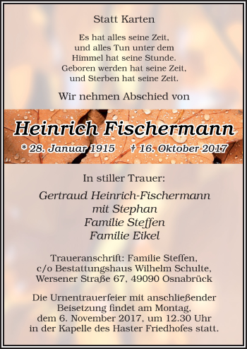 Traueranzeige von Heinrich Fischermann von Neue Osnabrücker Zeitung GmbH & Co. KG