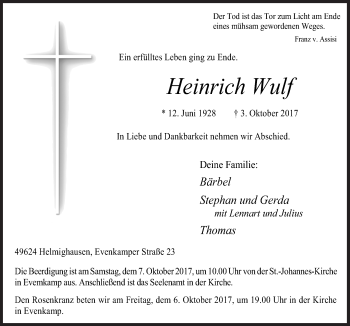 Traueranzeige von Heinrich Wulf von Neue Osnabrücker Zeitung GmbH & Co. KG