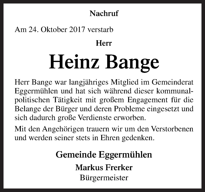  Traueranzeige für Heinz Bange vom 28.10.2017 aus Neue Osnabrücker Zeitung GmbH & Co. KG