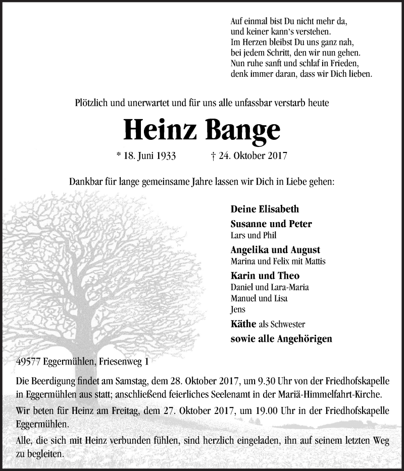  Traueranzeige für Heinz Bange vom 26.10.2017 aus Neue Osnabrücker Zeitung GmbH & Co. KG