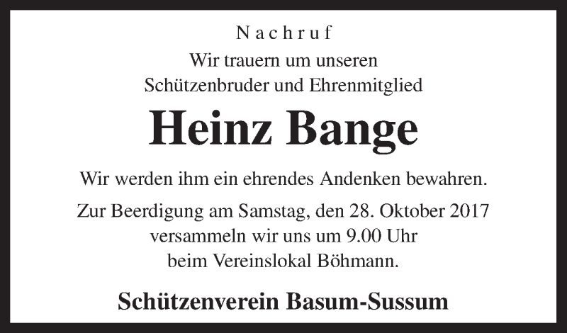  Traueranzeige für Heinz Bange vom 27.10.2017 aus Neue Osnabrücker Zeitung GmbH & Co. KG