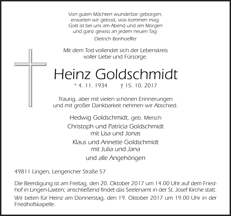  Traueranzeige für Heinz Goldschmidt vom 18.10.2017 aus Neue Osnabrücker Zeitung GmbH & Co. KG