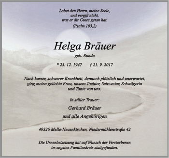 Traueranzeige von Helga Bräuer von Neue Osnabrücker Zeitung GmbH & Co. KG