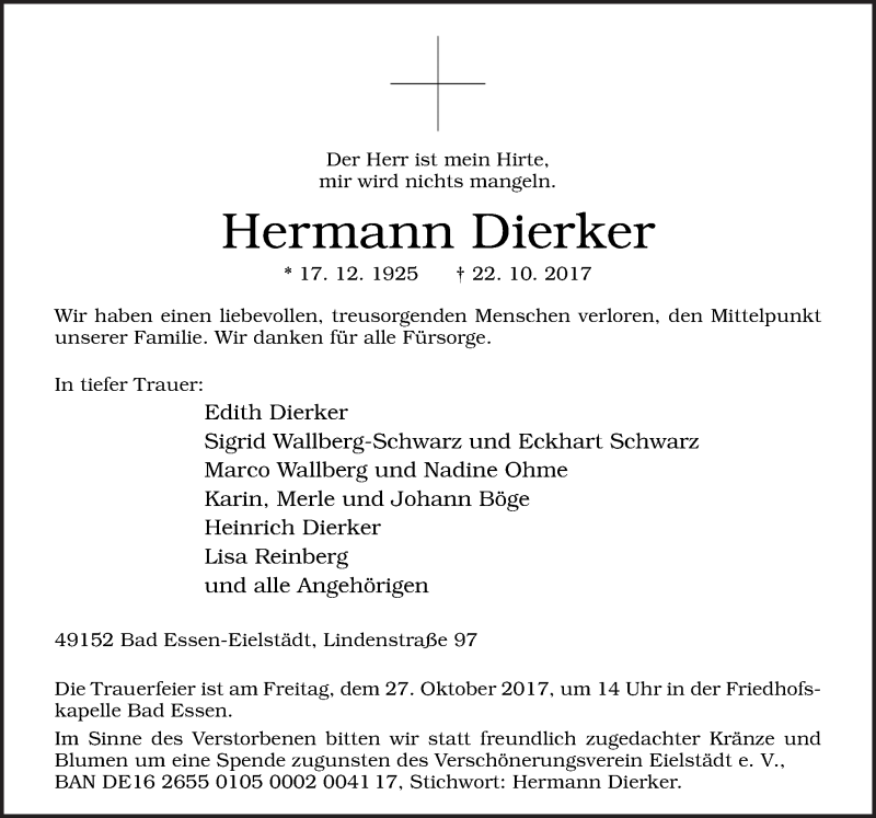  Traueranzeige für Hermann Dierker vom 25.10.2017 aus Neue Osnabrücker Zeitung GmbH & Co. KG