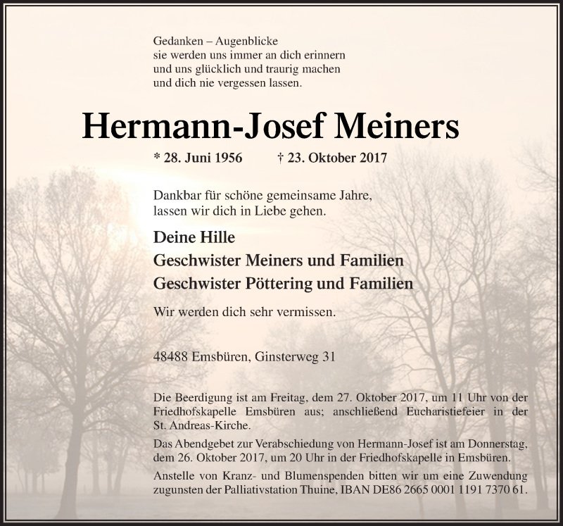  Traueranzeige für Hermann-Josef Meiners vom 25.10.2017 aus Neue Osnabrücker Zeitung GmbH & Co. KG