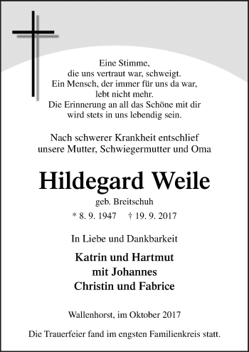 Traueranzeige von Hildegard Weile von Neue Osnabrücker Zeitung GmbH & Co. KG