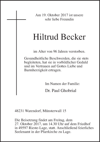 Traueranzeige von Hiltrud Becker von Neue Osnabrücker Zeitung GmbH & Co. KG