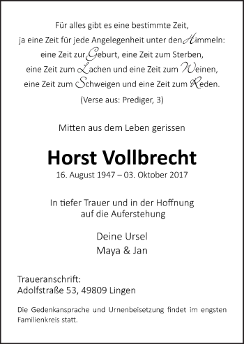 Traueranzeige von Horst Vollbrecht von Neue Osnabrücker Zeitung GmbH & Co. KG