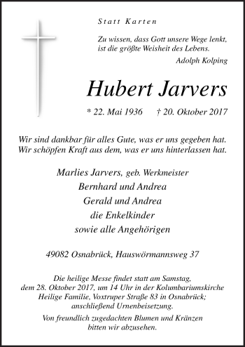 Traueranzeige von Hubert Jarvers von Neue Osnabrücker Zeitung GmbH & Co. KG