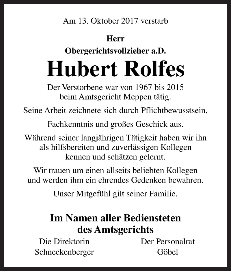  Traueranzeige für Hubert Rolfes vom 18.10.2017 aus Neue Osnabrücker Zeitung GmbH & Co. KG
