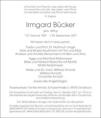 Traueranzeige von Irmgard Bücker von Neue Osnabrücker Zeitung GmbH & Co. KG