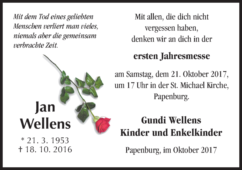  Traueranzeige für Jan Wellens vom 18.10.2017 aus Neue Osnabrücker Zeitung GmbH & Co. KG