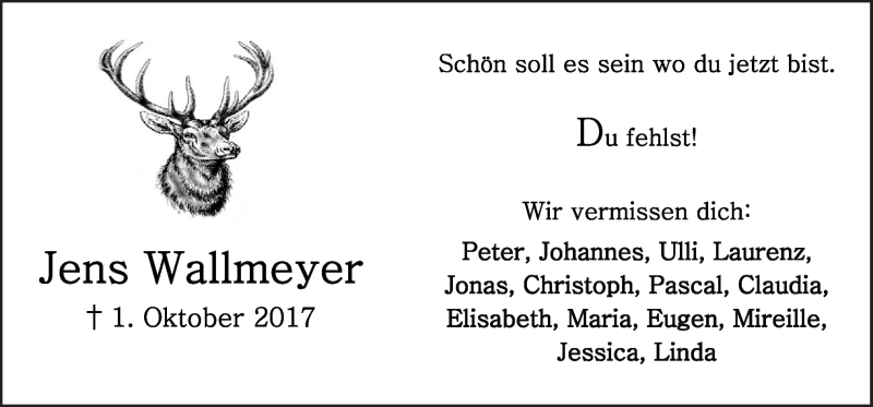  Traueranzeige für Jens Wallmeyer vom 07.10.2017 aus Neue Osnabrücker Zeitung GmbH & Co. KG