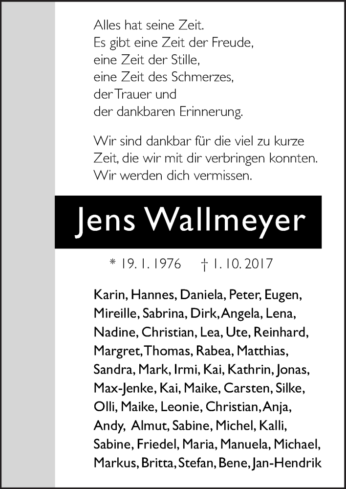  Traueranzeige für Jens Wallmeyer vom 07.10.2017 aus Neue Osnabrücker Zeitung GmbH & Co. KG