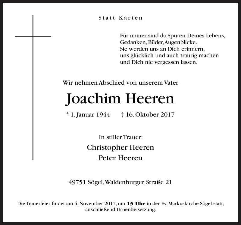  Traueranzeige für Joachim Heeren vom 21.10.2017 aus Neue Osnabrücker Zeitung GmbH & Co. KG