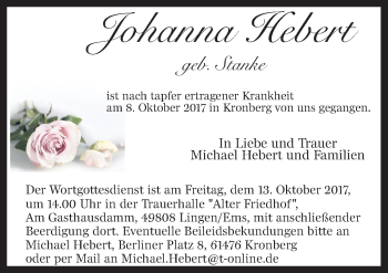 Traueranzeige von Johanna Hebert von Neue Osnabrücker Zeitung GmbH & Co. KG