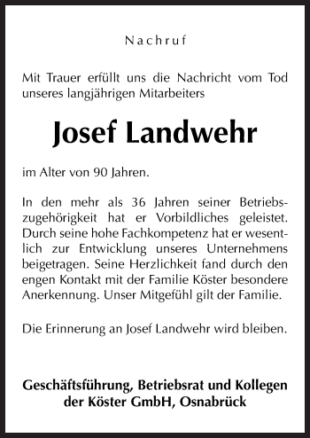 Traueranzeige von Josef Landwehr von Neue Osnabrücker Zeitung GmbH & Co. KG