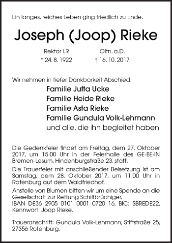 Traueranzeige von Joseph Joop Rieke von Neue Osnabrücker Zeitung GmbH & Co. KG