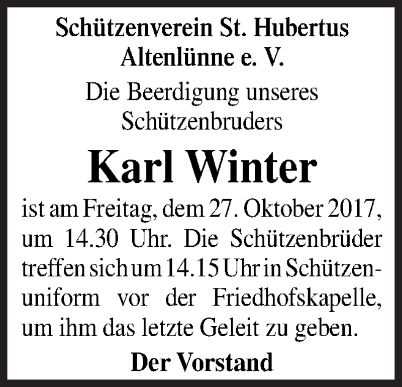  Traueranzeige für Karl Winter vom 25.10.2017 aus Neue Osnabrücker Zeitung GmbH & Co. KG