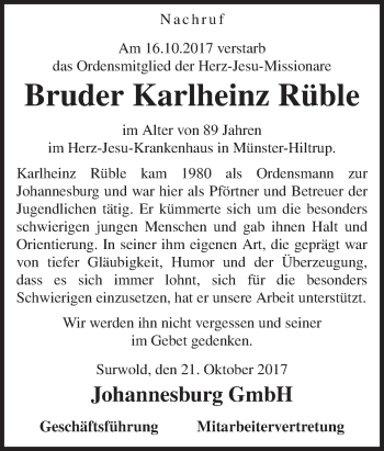 Traueranzeige von Karlheinz Rüble von Neue Osnabrücker Zeitung GmbH & Co. KG