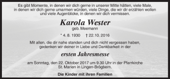 Traueranzeige von Karola Wester von Neue Osnabrücker Zeitung GmbH & Co. KG