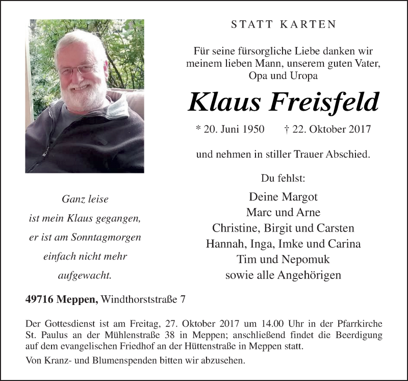  Traueranzeige für Klaus Freisfeld vom 25.10.2017 aus Neue Osnabrücker Zeitung GmbH & Co. KG