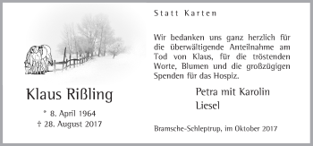 Traueranzeige von Klaus Rißling von Neue Osnabrücker Zeitung GmbH & Co. KG