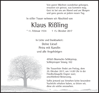 Traueranzeige von Klaus Rißling von Neue Osnabrücker Zeitung GmbH & Co. KG