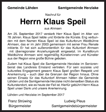Traueranzeige von Klaus Speil von Neue Osnabrücker Zeitung GmbH & Co. KG