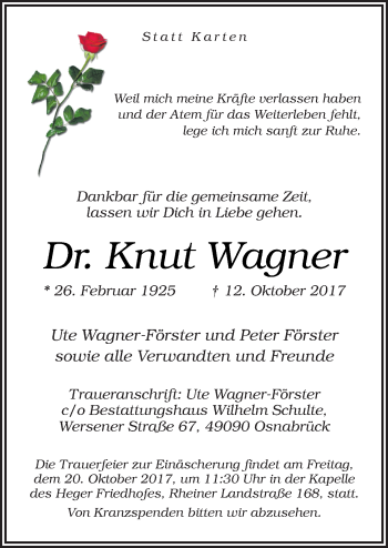 Traueranzeige von Knut Wagner von Neue Osnabrücker Zeitung GmbH & Co. KG