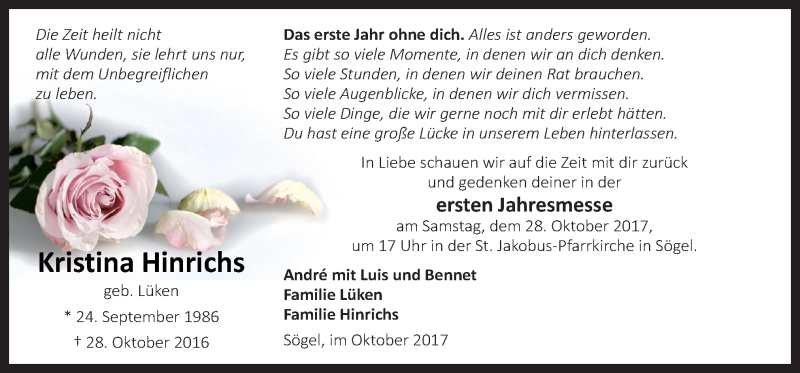  Traueranzeige für Kristina Hinrichs vom 24.10.2017 aus Neue Osnabrücker Zeitung GmbH & Co. KG