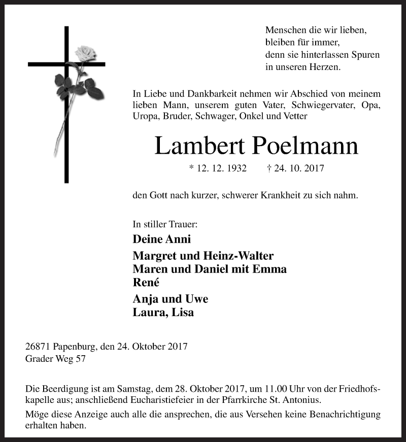  Traueranzeige für Lambert Poelmann vom 26.10.2017 aus Neue Osnabrücker Zeitung GmbH & Co. KG