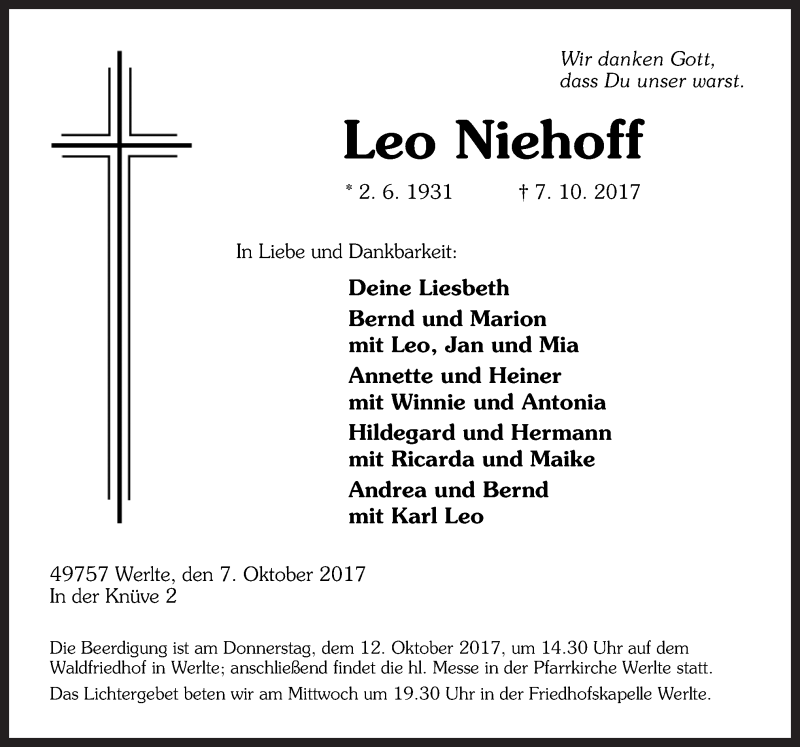  Traueranzeige für Leo Niehoff vom 10.10.2017 aus Neue Osnabrücker Zeitung GmbH & Co. KG